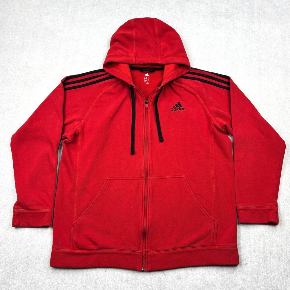 Adidas Hoodie Mens Large Red Black 3 Stripes Full Zip Fleece Sweatshirt AI1122